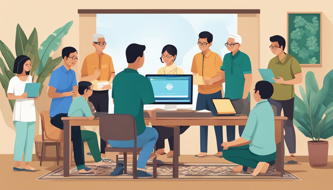A group of people gather around a computer, booking their Hari Raya prayers online using a Singaporean community engagement platform