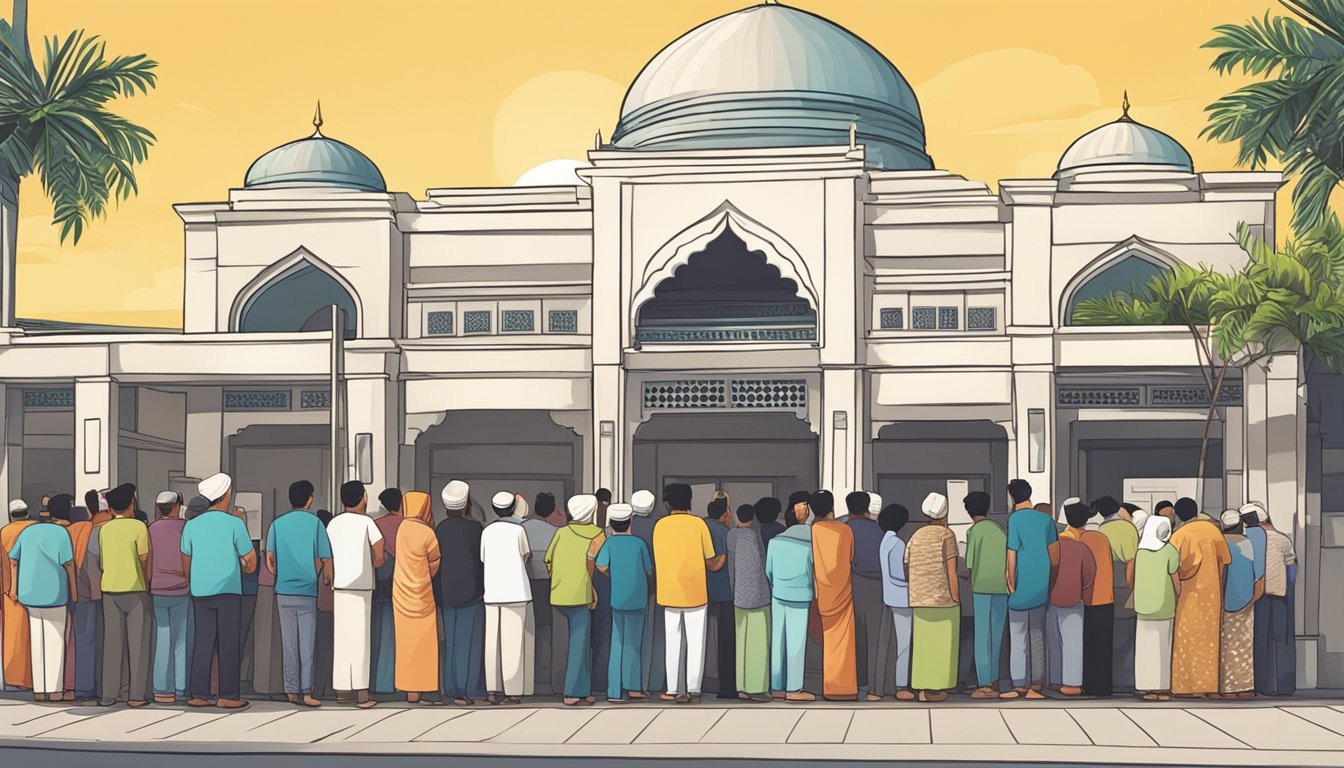 A group of people queue outside a mosque, waiting to book their slots for Hari Raya prayer in Singapore. The sun shines brightly overhead as they patiently wait in line