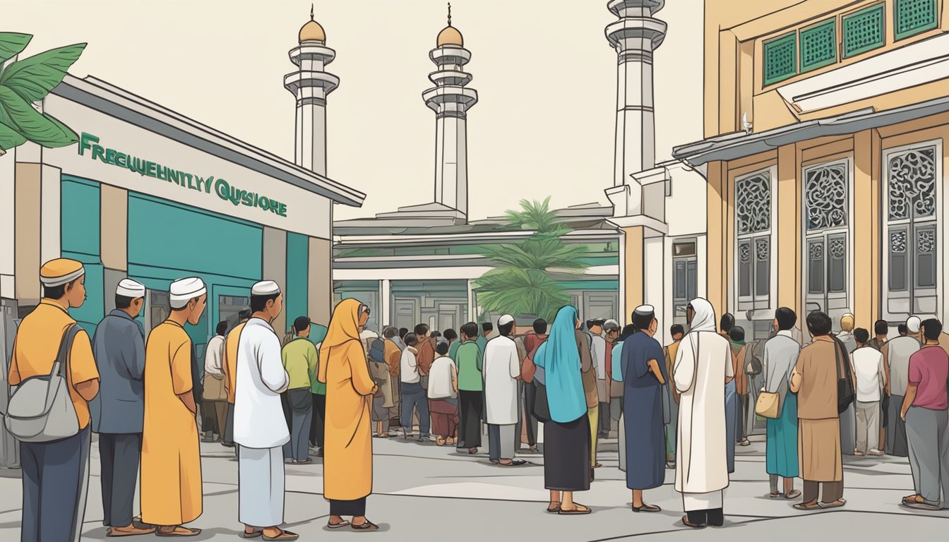 People lining up outside a mosque, waiting to book their slots for Hari Raya prayer in Singapore. Signs displaying "Frequently Asked Questions" are visible