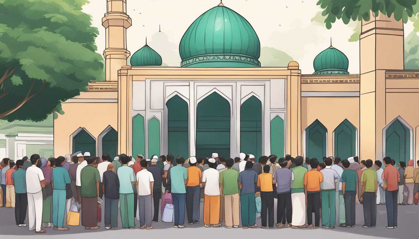 People lining up outside a mosque, booking prayer slots for Hari Raya in Singapore. Community members interact and engage in the process