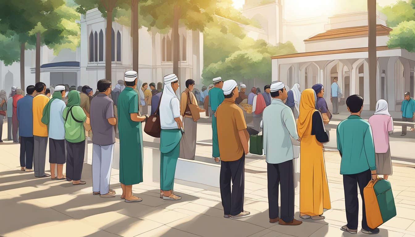 A group of people queueing outside a mosque, waiting to book slots for Hari Raya prayer in Singapore. The sun is shining, and the atmosphere is filled with anticipation