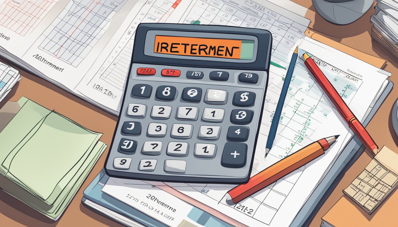 A stack of financial documents and a calculator sit on a desk, with a calendar showing the date of retirement circled in red