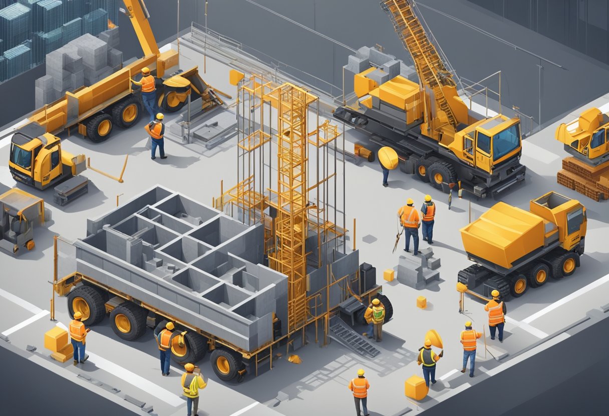 A construction site with cranes, scaffolding, and workers in hard hats. Materials like bricks, steel beams, and concrete mixers are scattered around