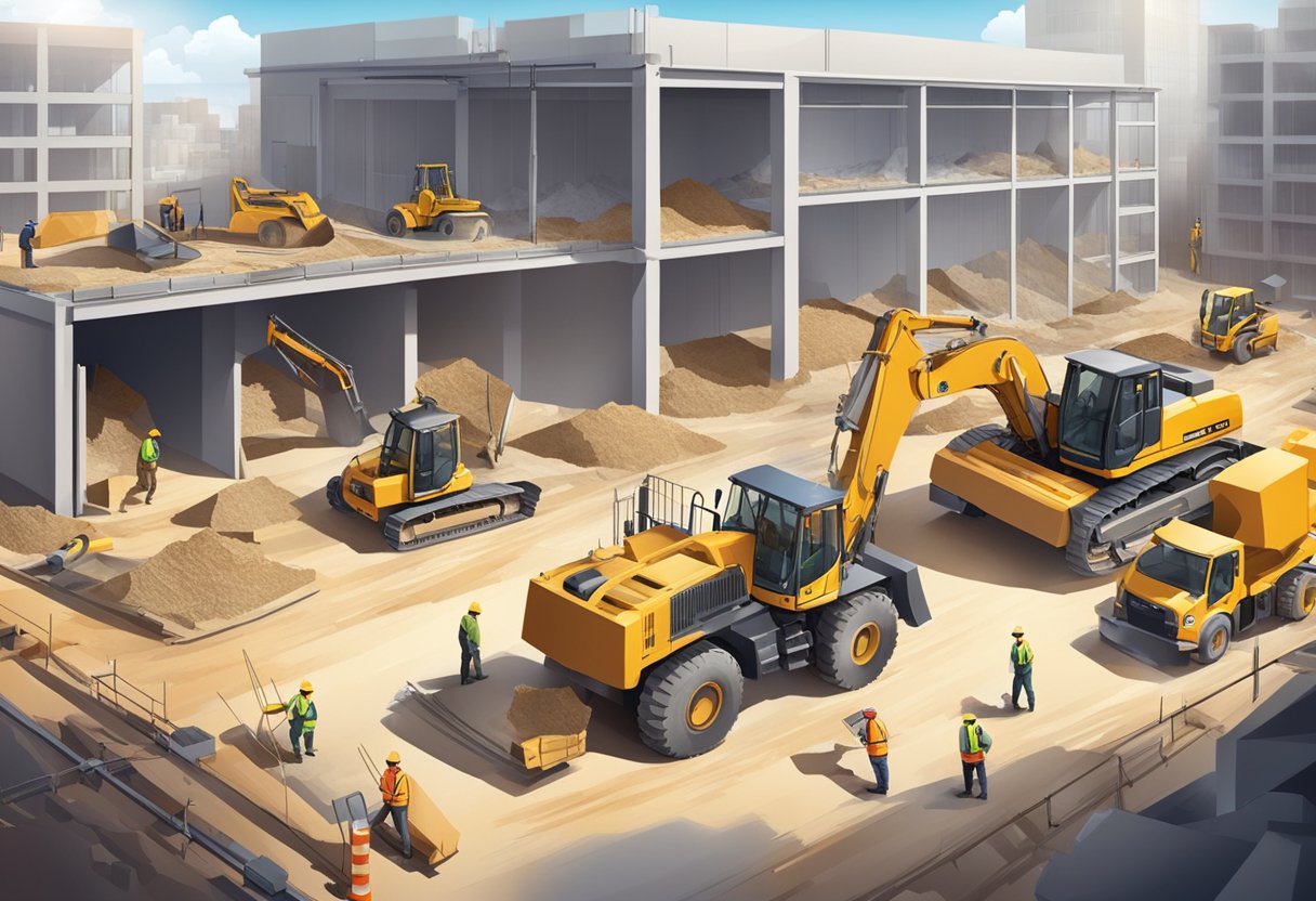 A construction site with materials, equipment, and workers busy at various tasks