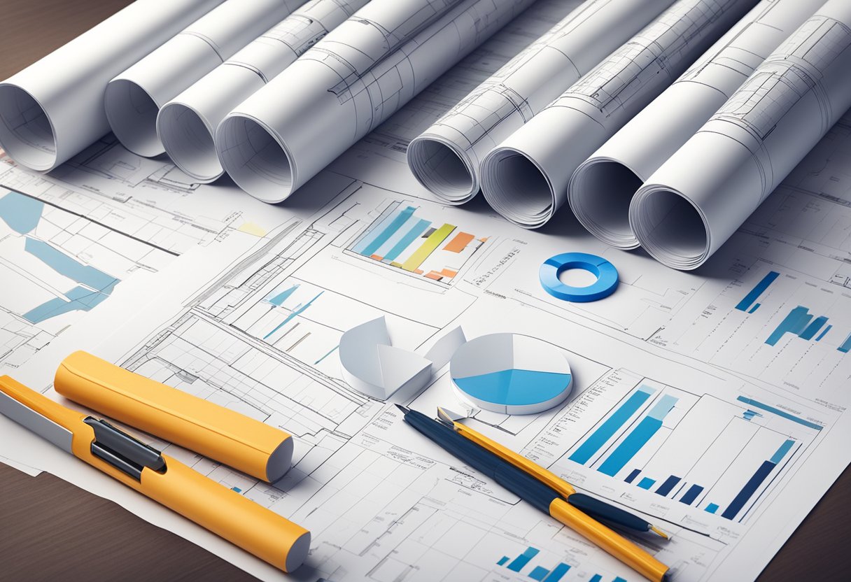 A construction site with financial charts, project plans, and accounting documents spread out on a table