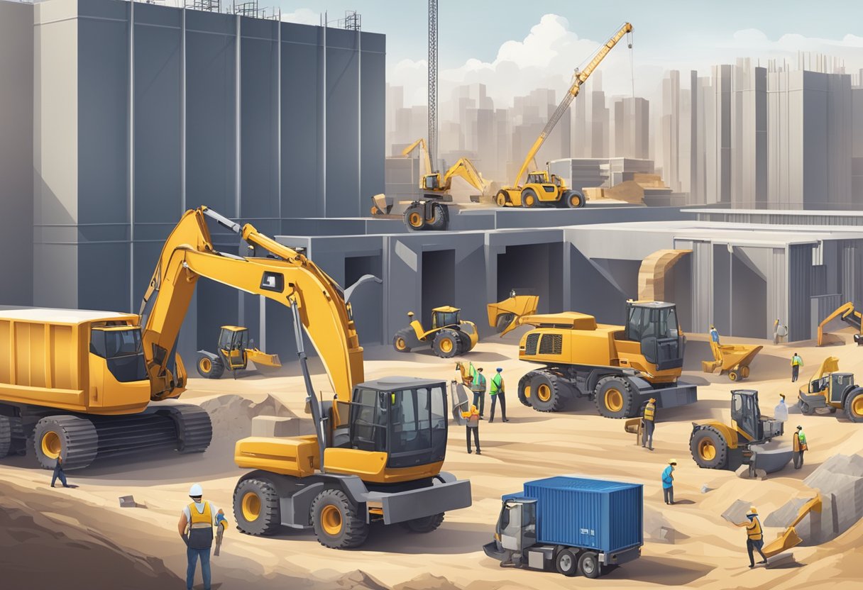 A construction site with workers and machinery, materials being delivered, and financial documents being processed by accountants