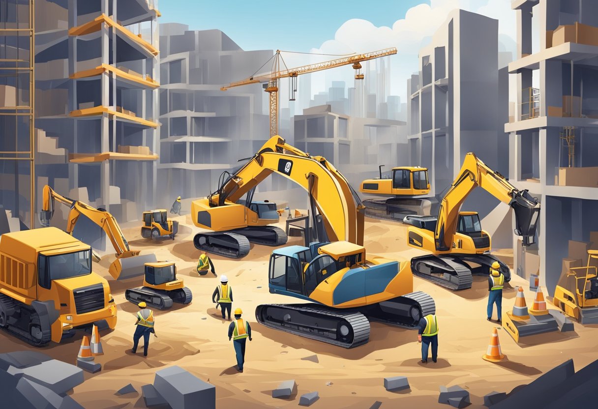 A construction site with workers, heavy machinery, and building materials scattered around. The scene depicts the bustling activity and business operations in the construction industry