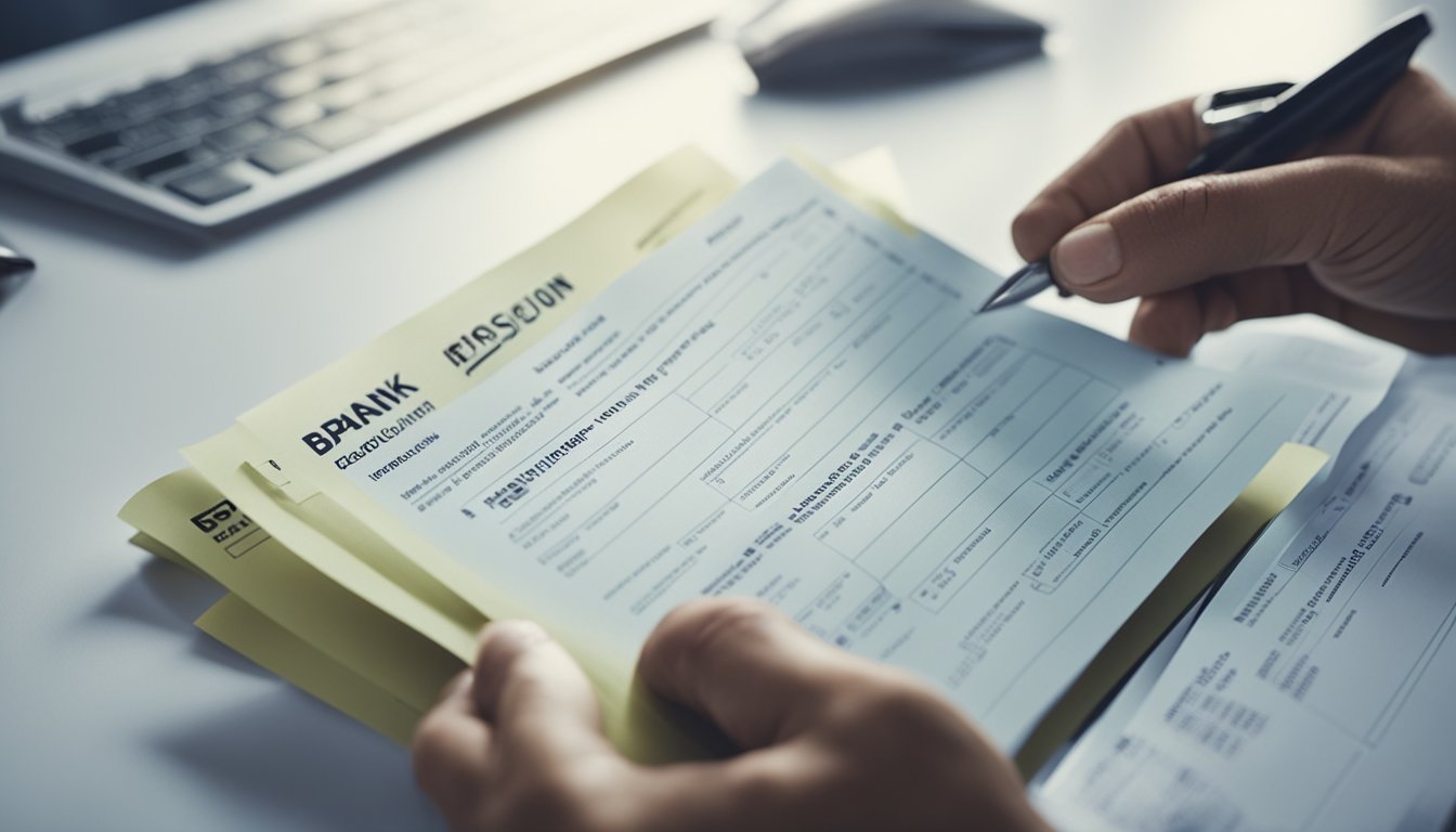 A bank officer examines a loan application form, checking for required documents and financial information