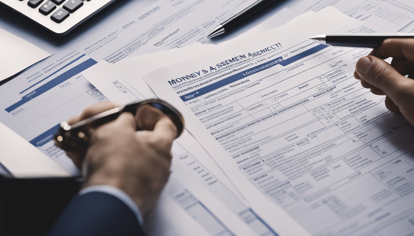 A moneylender carefully examines a loan application, reviewing documents and financial records for creditworthiness and risk assessment