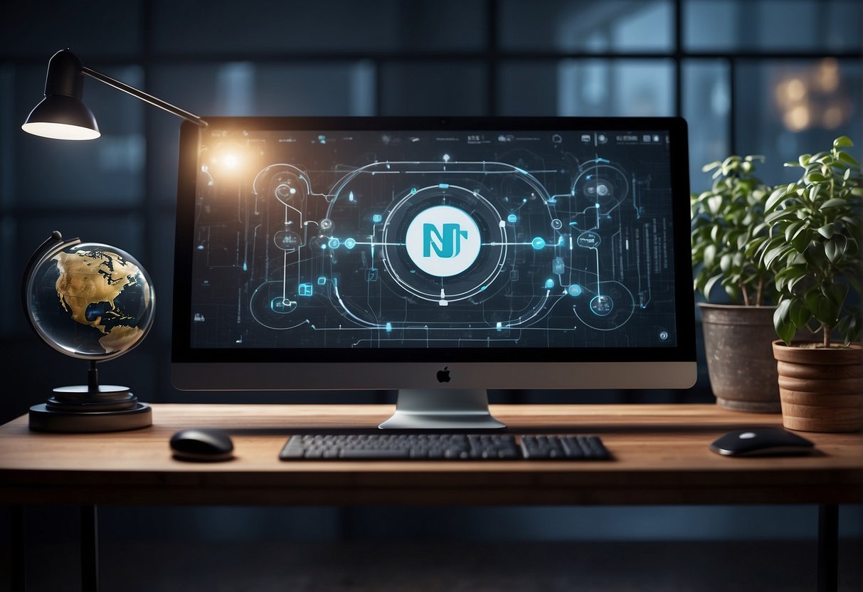 A computer screen with n8n logo, open browser tab with n8n website, and a flowchart with nodes and connections