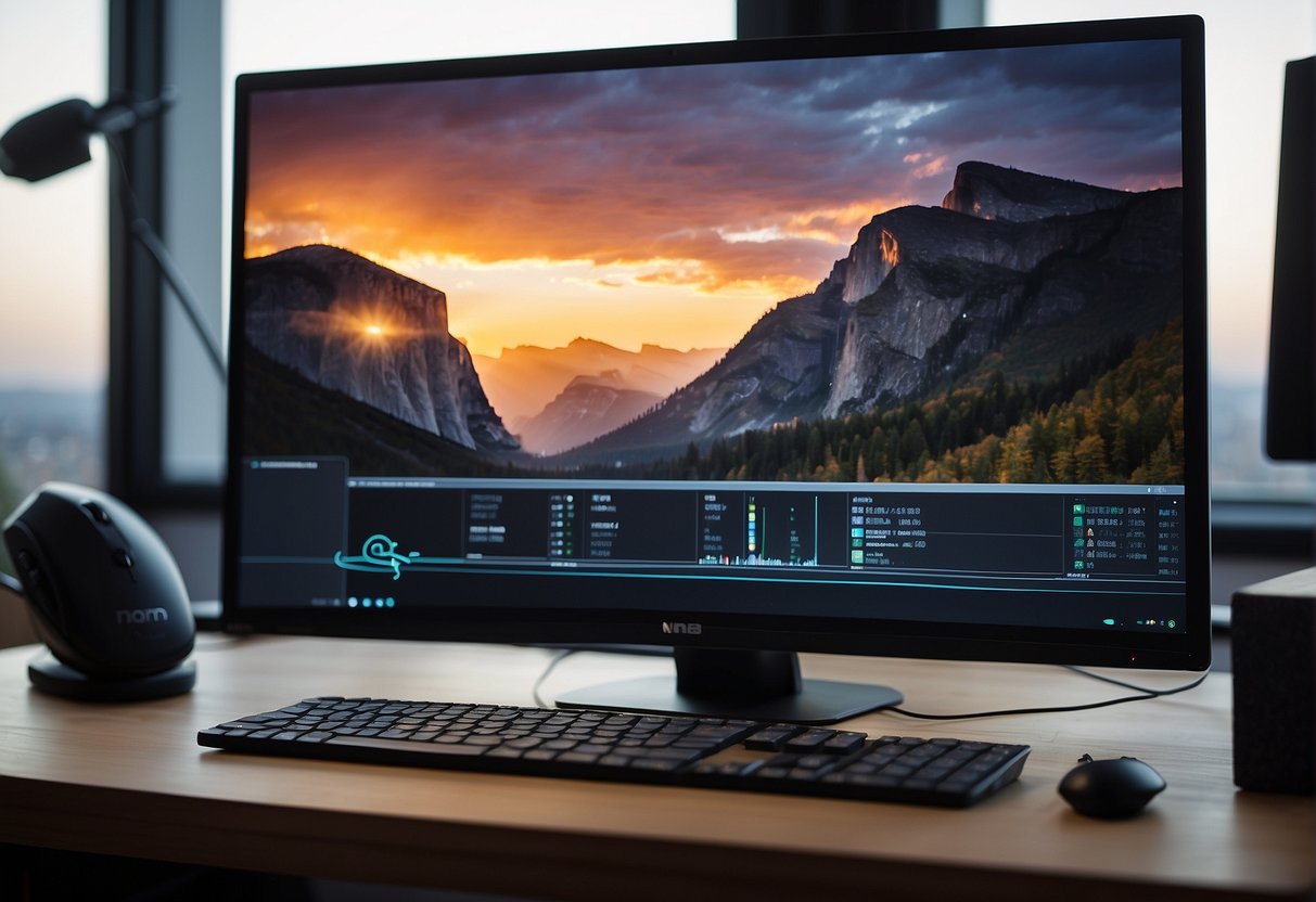 A computer screen displaying the n8n interface with various nodes and connections, a keyboard and mouse nearby, and a tutorial guide open on the side