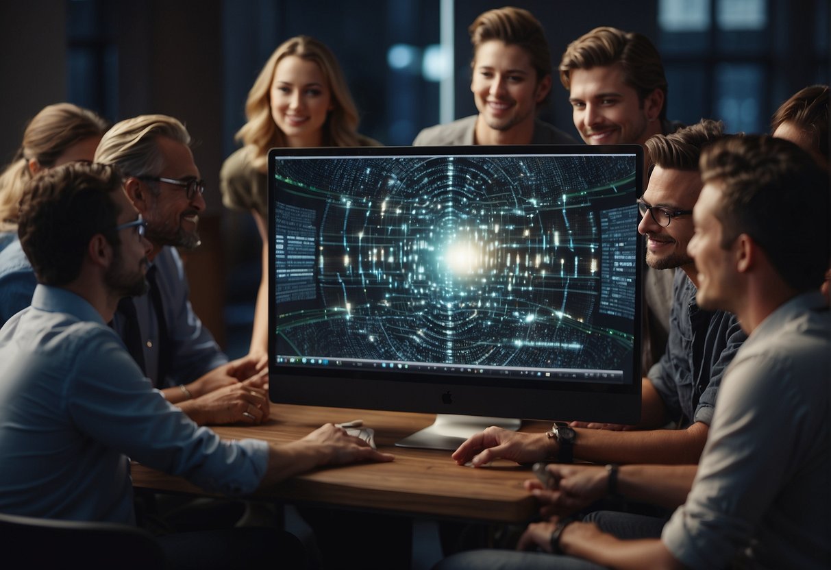 A group of people gather around a computer screen, discussing and collaborating on how to use n8n for community and support