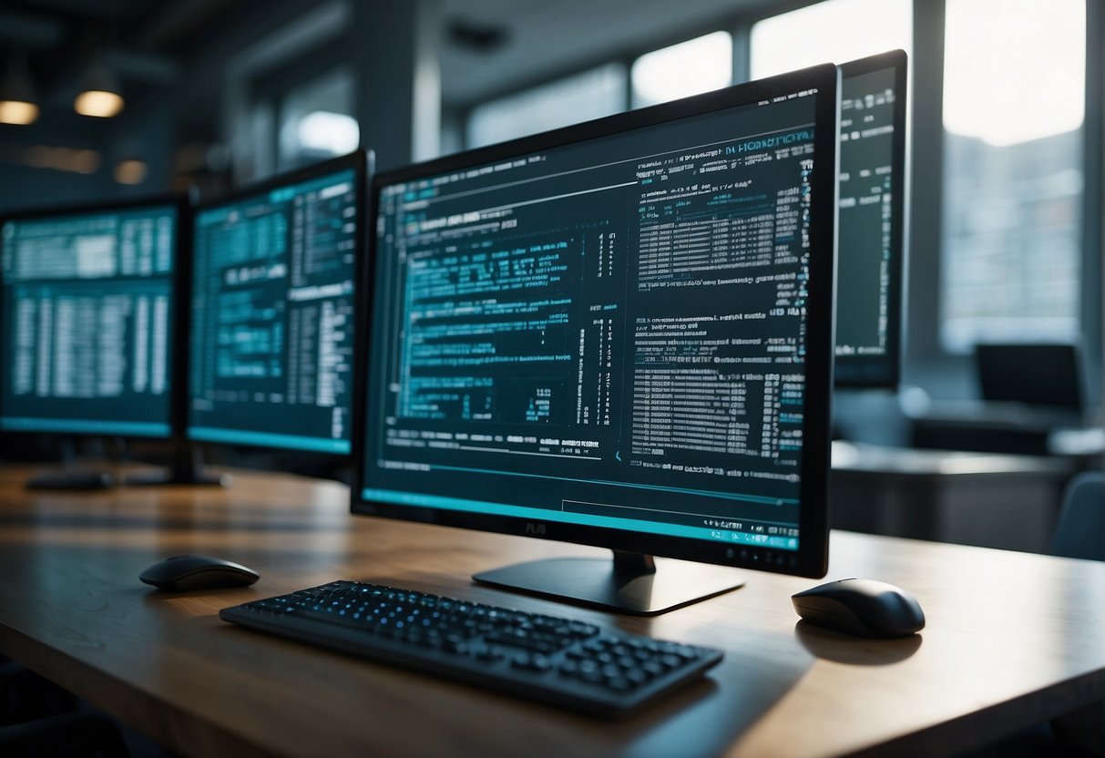 A computer screen with n8n deployment and development steps displayed, surrounded by open code editor and terminal windows