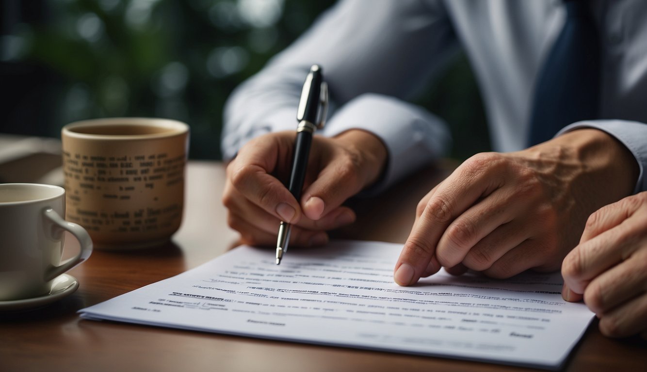 A person signing a money lending agreement in Singapore, with terms and conditions clearly visible