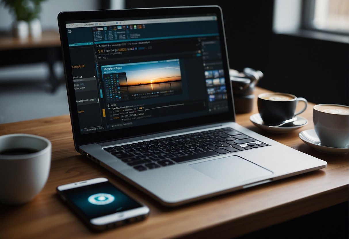 A computer screen displaying the n8n interface with various nodes and workflows connected, surrounded by a clutter-free workspace with a notebook, pen, and a cup of coffee