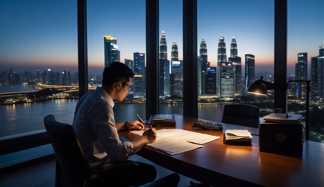 A person sits at a desk with papers and a pen, reading a money lender agreement. The room is well-lit, with a window showing the Singapore skyline