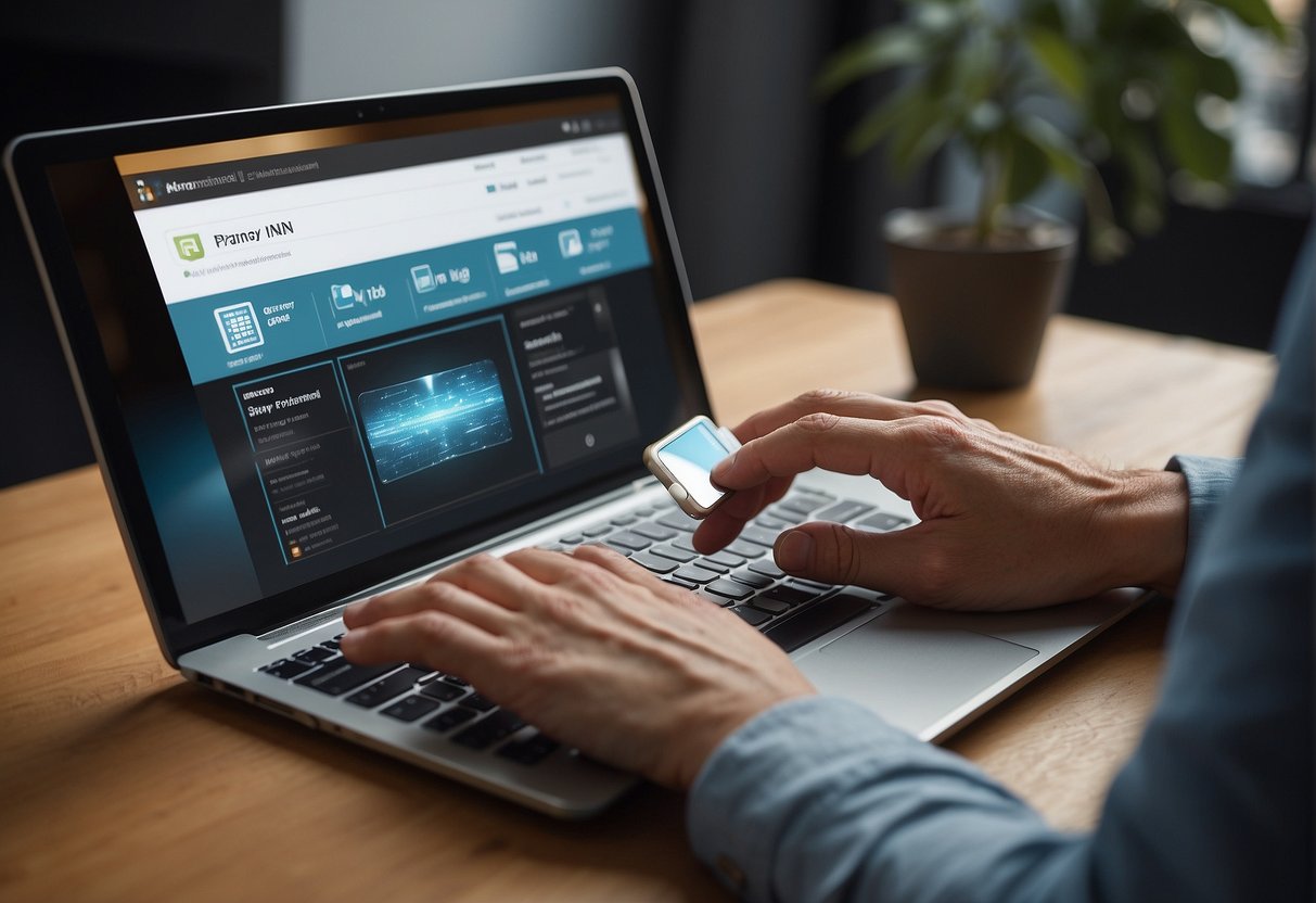 A laptop displaying the n8n interface with various workflow nodes connected, a person's hand hovering over the keyboard, and a smartphone displaying the n8n app with a QR code for scanning