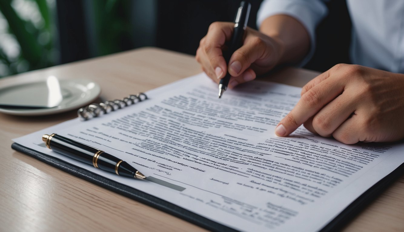 A person signing a money lender agreement in Singapore, with terms and conditions laid out on a table