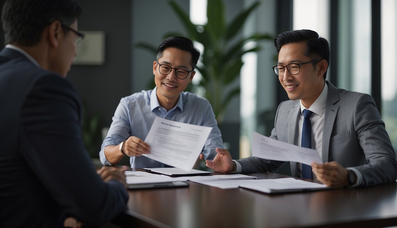 A licensed money lender in Singapore explains terms to a borrower. The lender displays a clear agreement document, while the borrower listens attentively