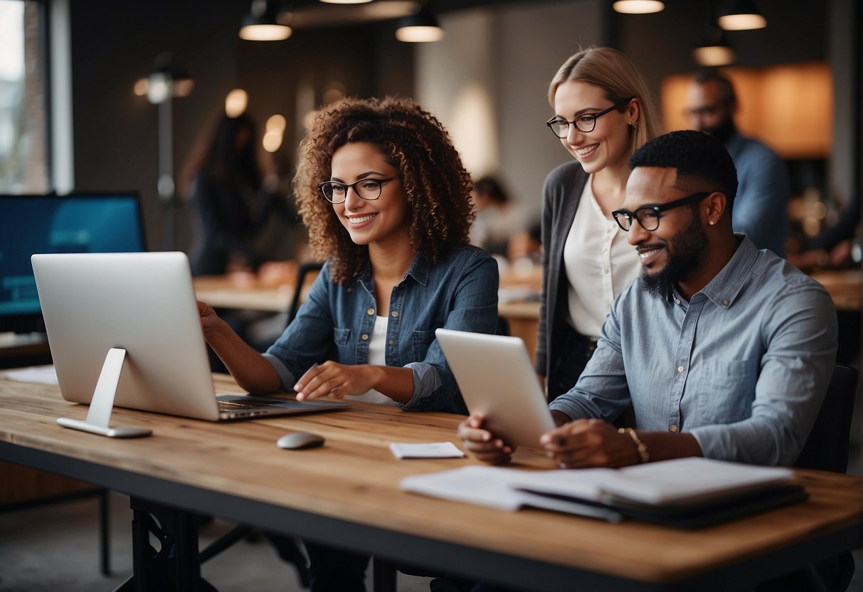 Team members collaborate using Zapier to automate tasks. ChatGPT suggests efficient workflows, boosting team productivity