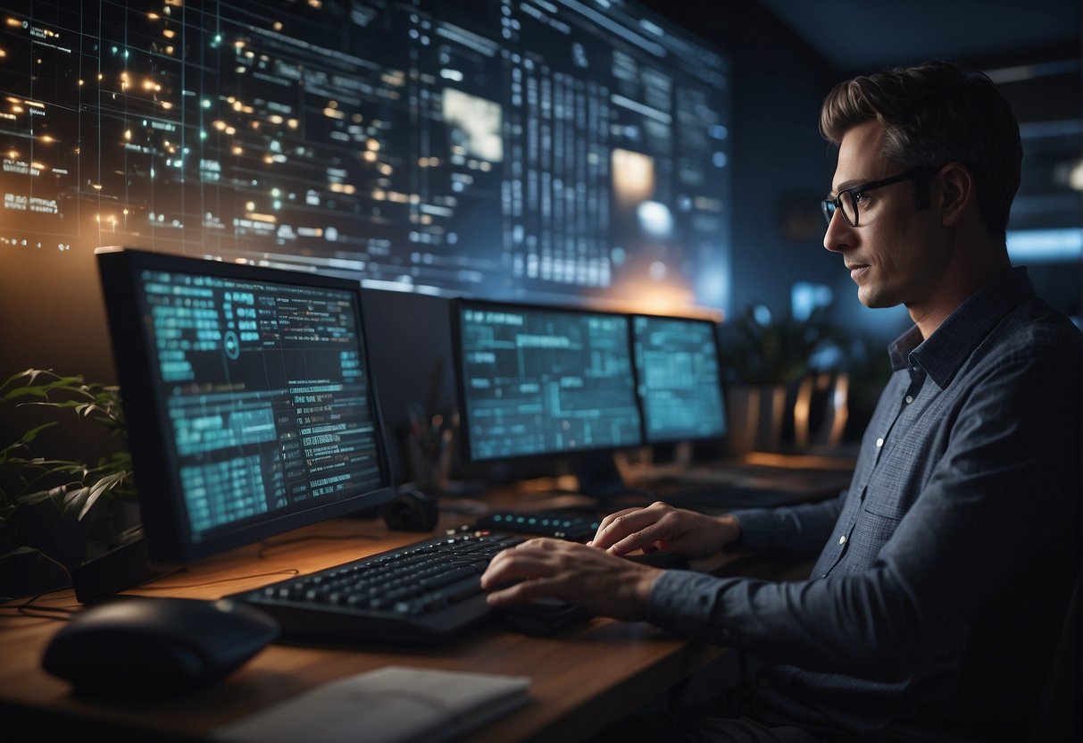 A user types on a keyboard while Jasper AI analyzes and generates content on a computer screen