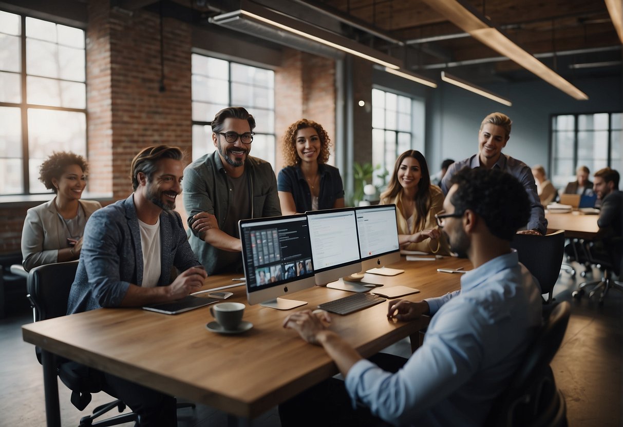 A group of people gather around a digital workspace, sharing ideas and files seamlessly. Jasper AI guides them through the process, enhancing collaboration and workflow