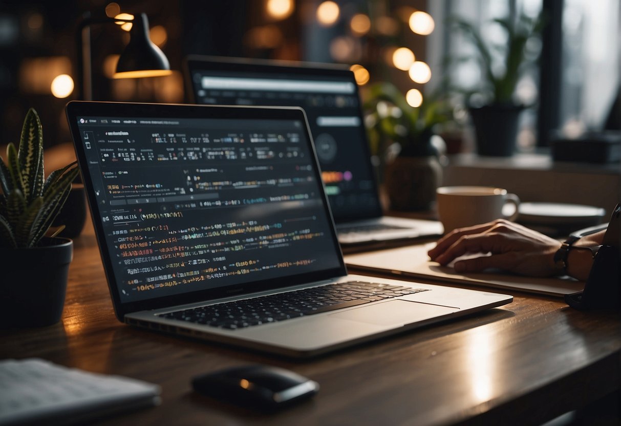 A person typing on a laptop with Jasper AI open, surrounded by various creative tools and resources