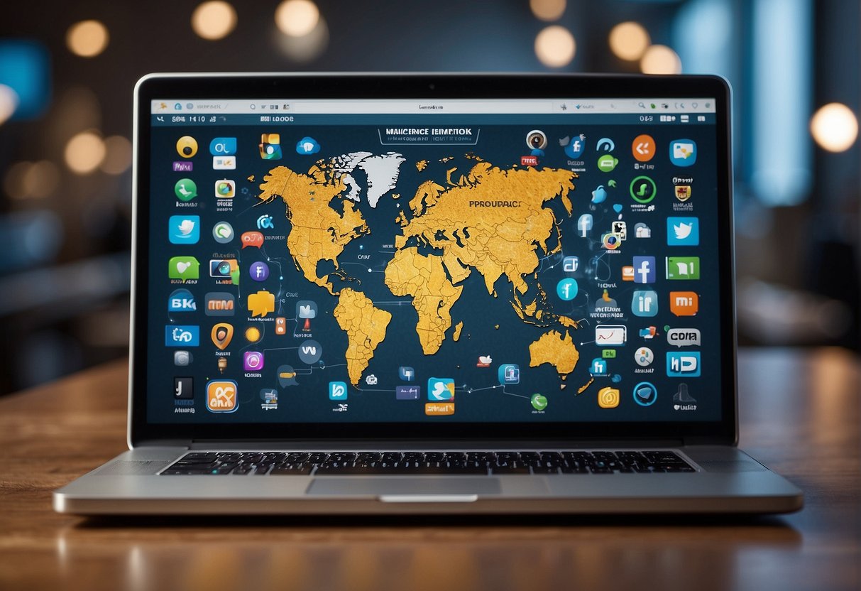 A laptop displaying Jasper AI's interface, surrounded by various social media icons and a globe, symbolizing brand expansion