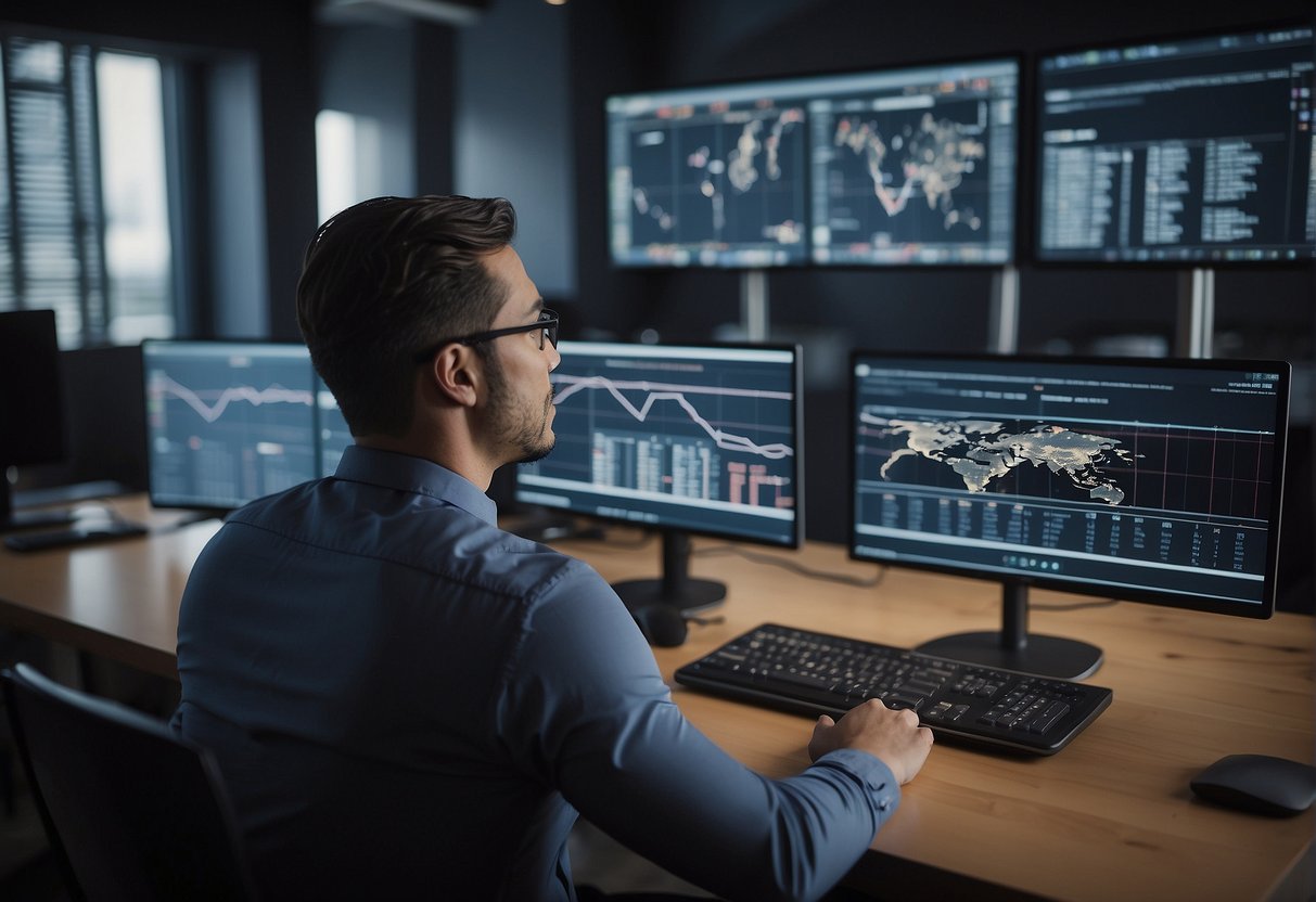 Jasper AI in action, processing data with speed and accuracy. Multiple screens displaying complex algorithms and charts. A team collaborating and strategizing around the technology