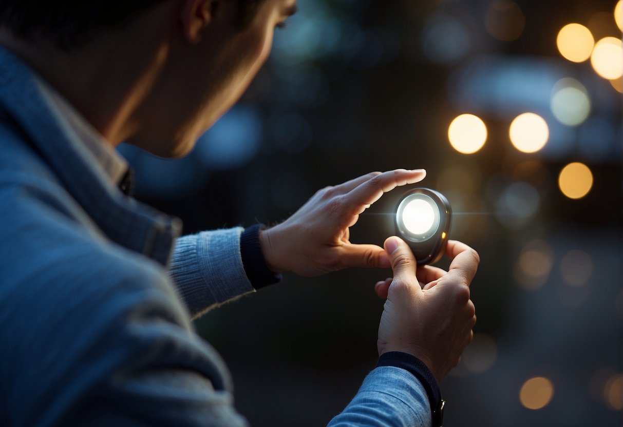 A person presses a button on a small device. A flash of light emits from the device, illuminating the surrounding area