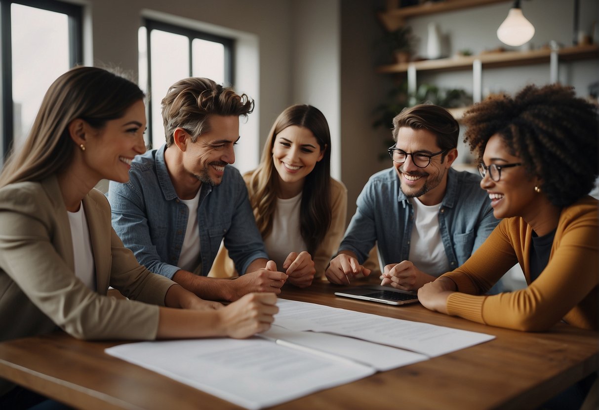 A group of diverse individuals working together, sharing ideas and utilizing Neuroflash's collaboration features to enhance teamwork