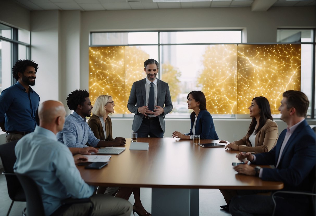 A diverse group of people interact with Neuroflash in various settings, such as a classroom, boardroom, and community event. The technology captivates and engages audiences of all ages and backgrounds