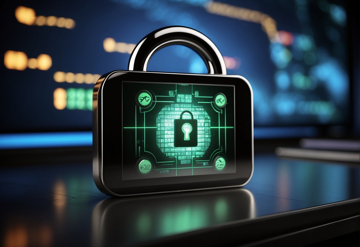 A computer screen displaying Neuroflash logo, surrounded by a secure padlock symbol and original content icons