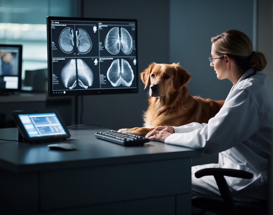 A dog lying on an X-ray table while a veterinarian examines the results on a computer screen. A worried owner looks on as the vet discusses costs and potential ways to save on the bill