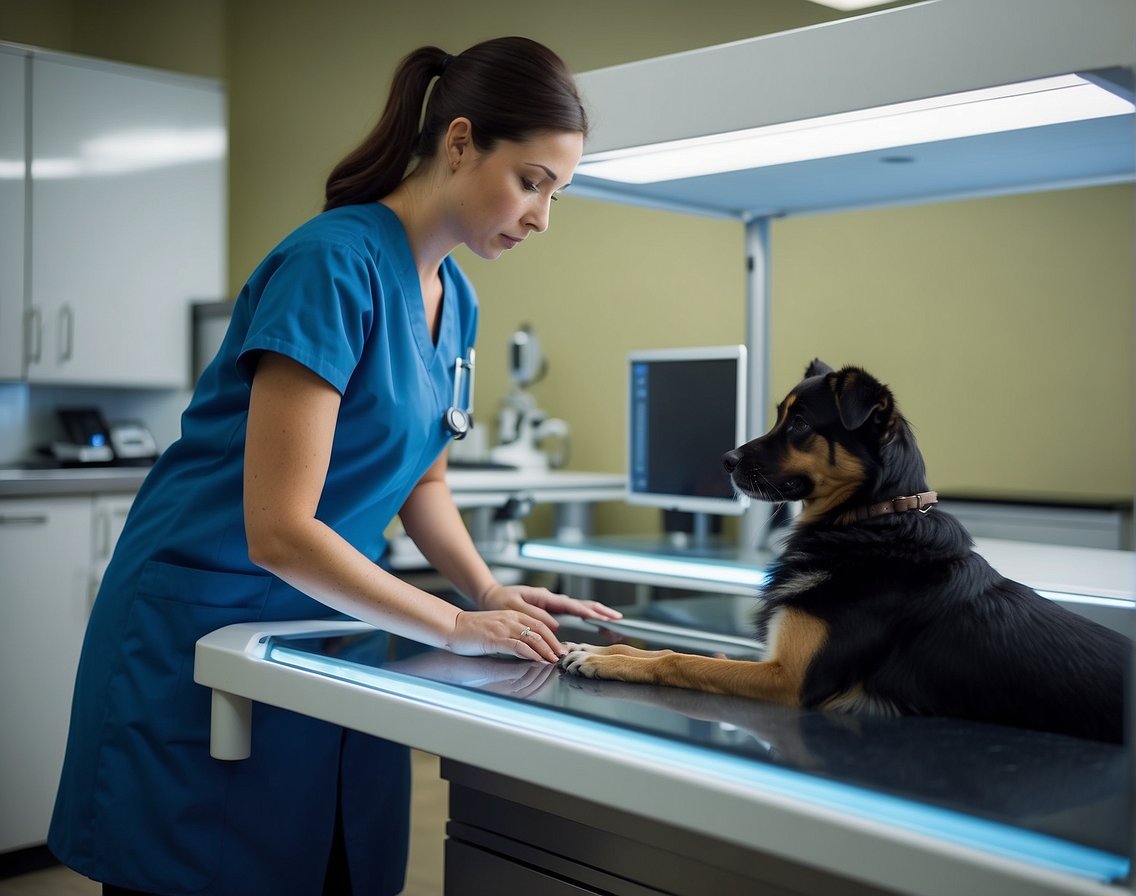 A veterinarian positions a dog on an X-ray table, adjusting the machine for a clear image. The dog remains still as the technician takes the X-ray, capturing a detailed view of its internal structure