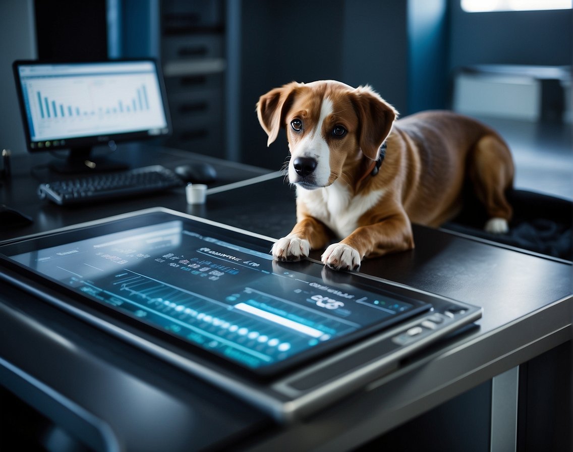 A dog lying on an X-ray table with a technician adjusting the machine. A cost-saving chart and a calculator on the desk