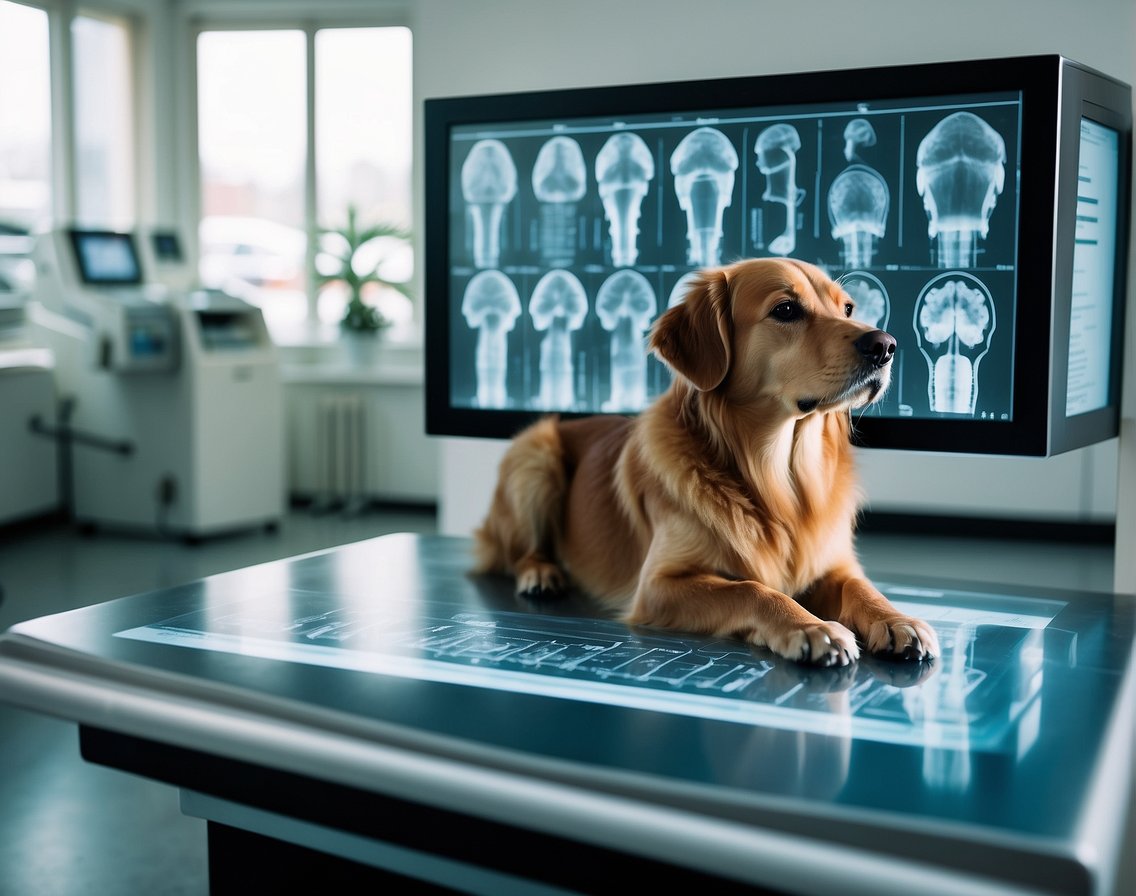 A dog lying on an X-ray table with a technician positioning the machine above it. A price list for X-ray services is displayed nearby