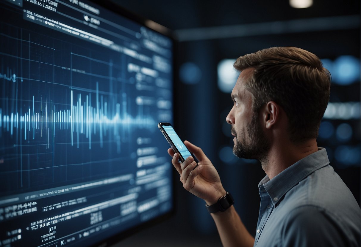 A person speaking to a device, with sound waves and text appearing on screen as the Voice AI responds to commands