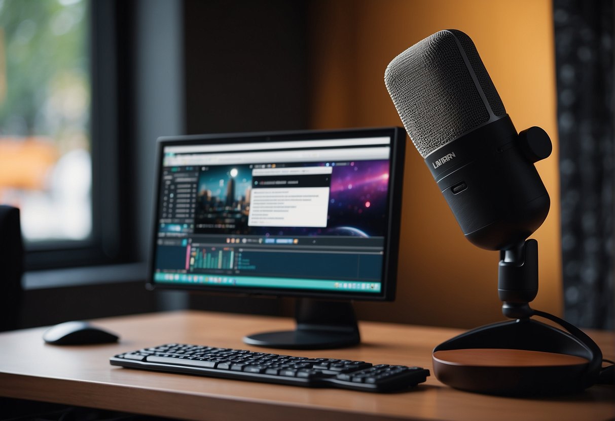 A computer monitor displaying Voice AI content creation tools with a microphone and keyboard nearby