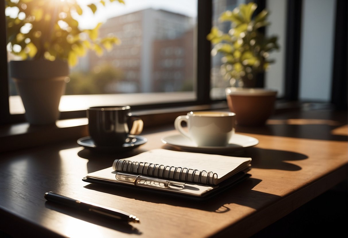 A desk with a laptop open to a writing app, a cup of coffee, and a notepad with a pen. A window shows a sunny day