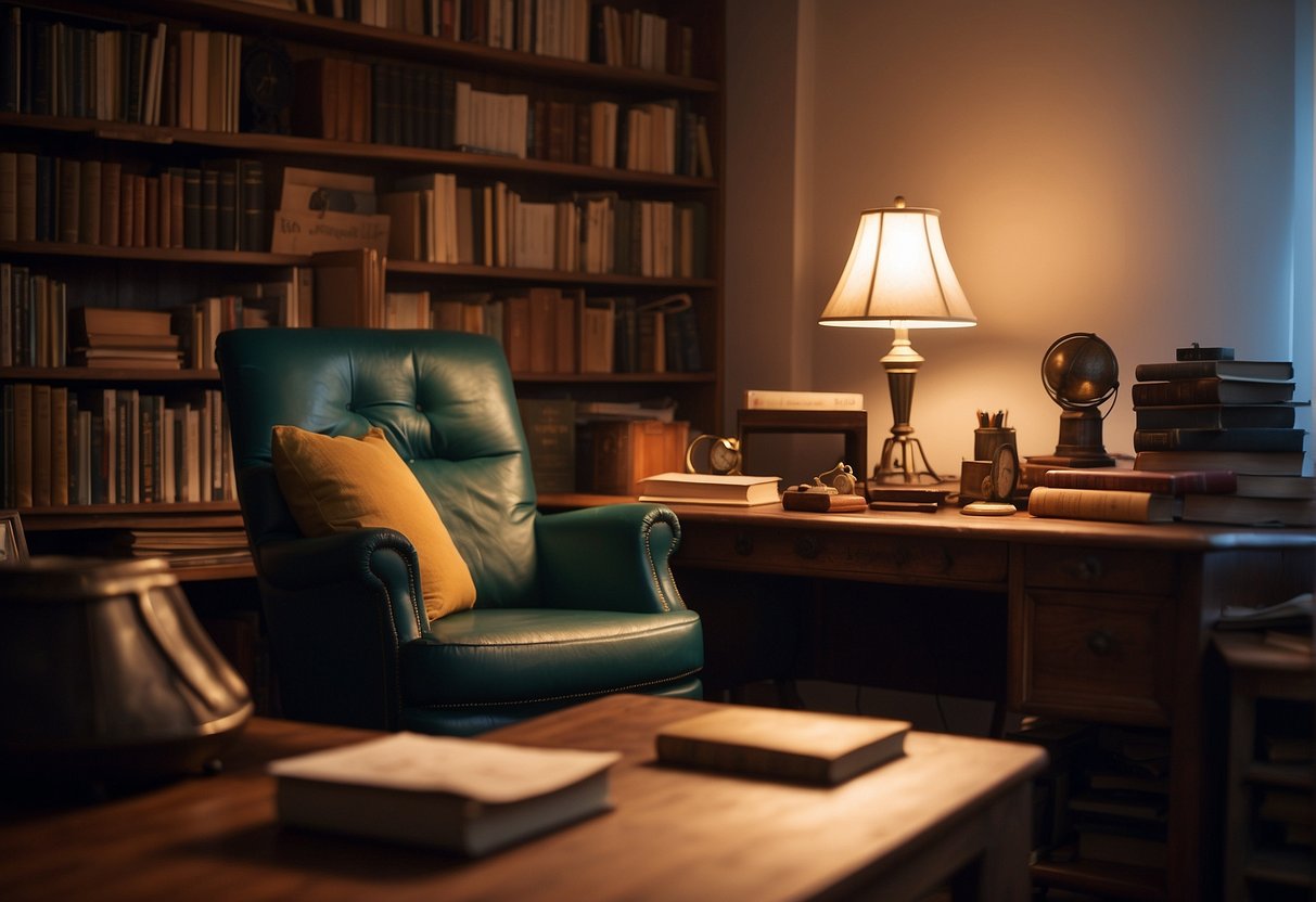 A cozy study with a cluttered desk, a worn armchair, and shelves filled with books. A warm glow from a desk lamp illuminates the room, casting soft shadows on the walls