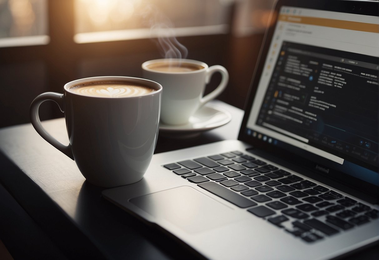 A desk with a laptop open to Sudowrite. A notebook and pen sit nearby. A cup of coffee steams on the desk