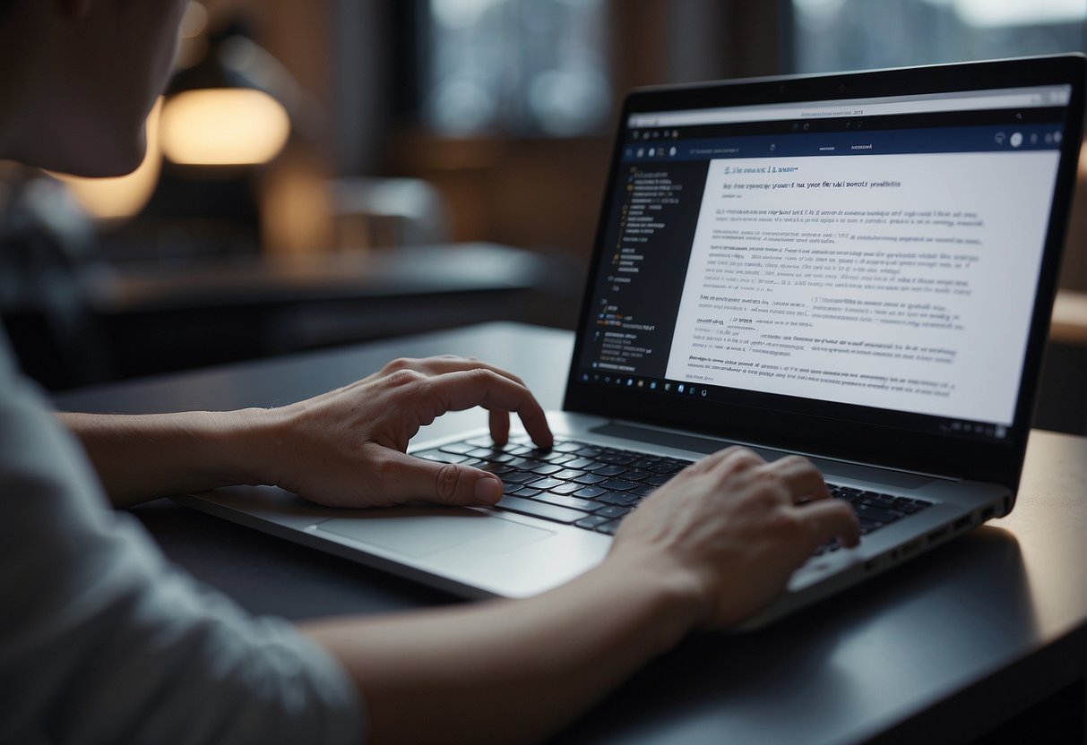 A person typing on a computer, with a manuscript open on the screen. There are editing tools and suggestions being highlighted and refined using Sudowrite software