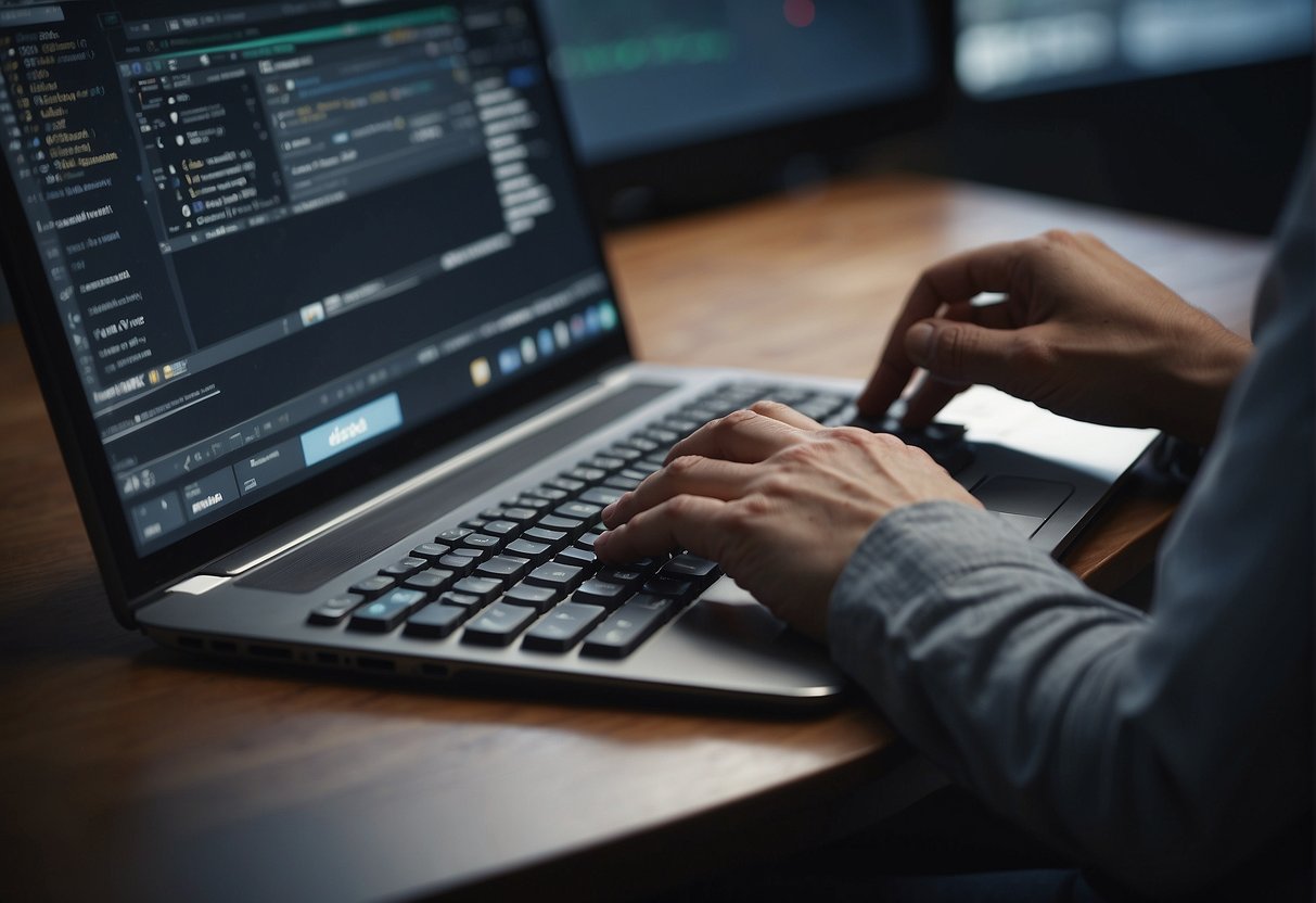 A person typing on a keyboard with a screen showing "Feedback and Iteration" while using Sudowrite software