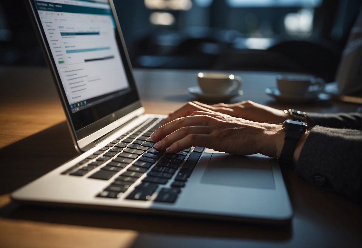 A person sitting at a desk, typing on a laptop with the Rytr website open on the screen. A cup of coffee and a notebook are nearby