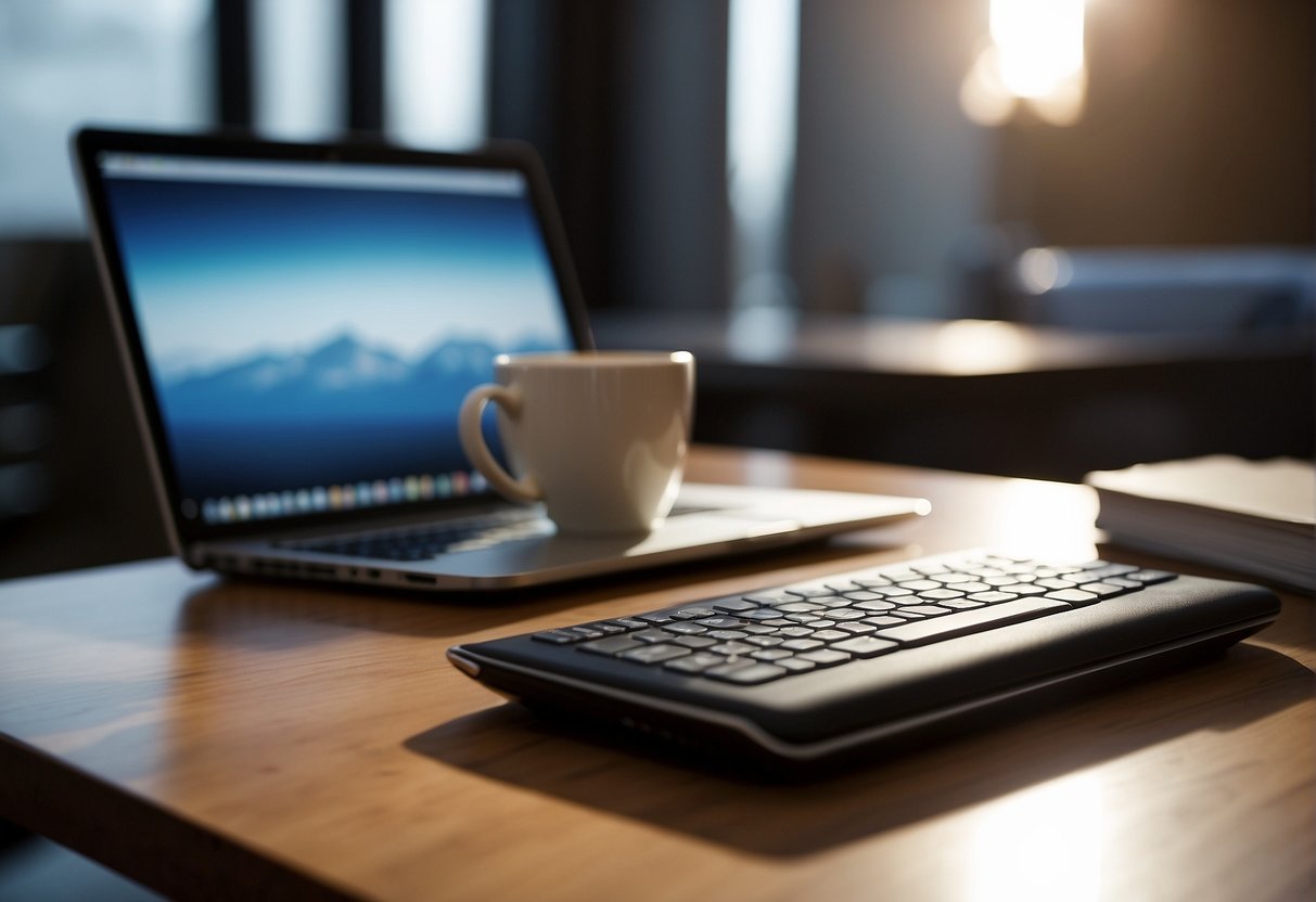 A desk with a laptop, notebook, and pen. A person's hand typing on the keyboard. A smartphone and a cup of coffee on the desk
