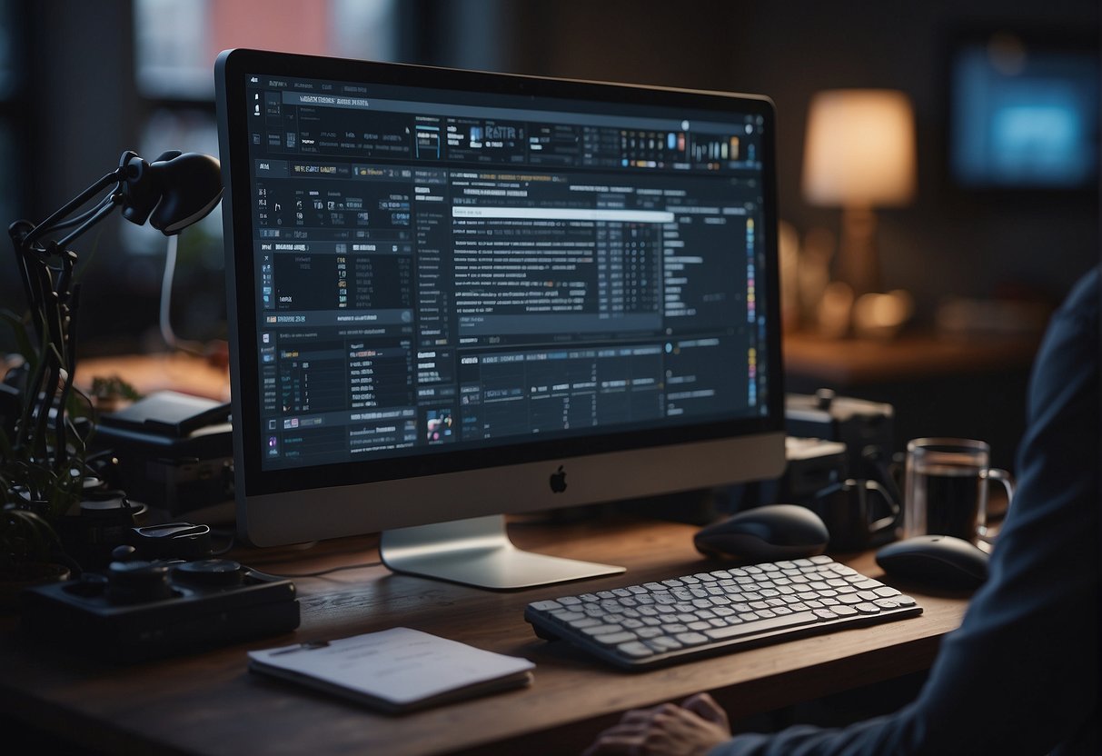 A computer screen displaying Rytr's user interface with a person typing on a keyboard, surrounded by various writing tools and resources