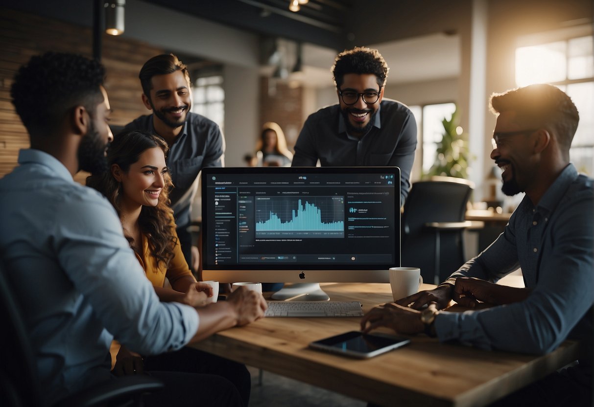 A group of people collaborating on a project using Rytr for Teams. Screens show the platform's interface and team members working together