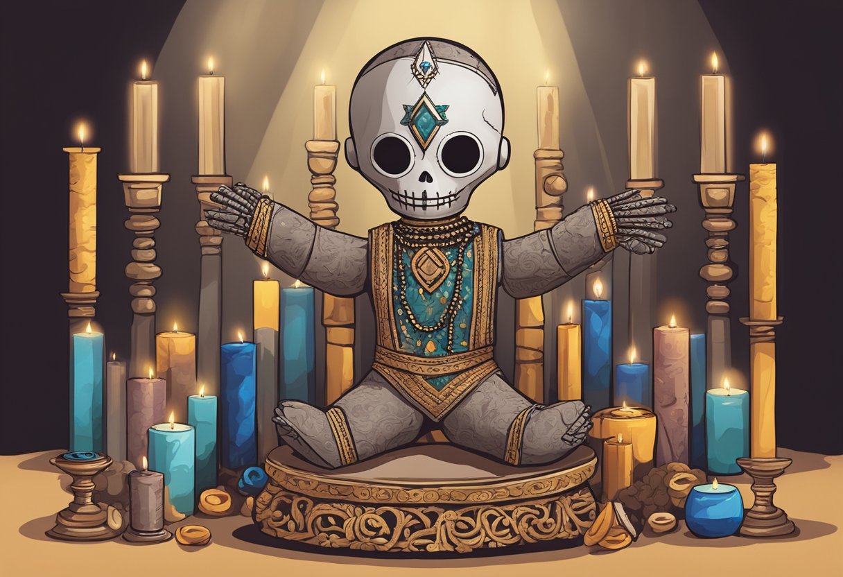 A Voodoo doll stands on an altar, surrounded by candles and incense. Symbols of power and protection adorn its body, representing the rich history and symbolism of Voodoo magic