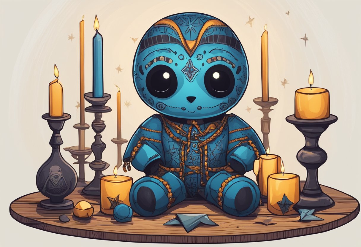 A voodoo doll sits on a wooden table, surrounded by flickering candles and mystical symbols. Its eerie presence exudes a sense of power and mystery